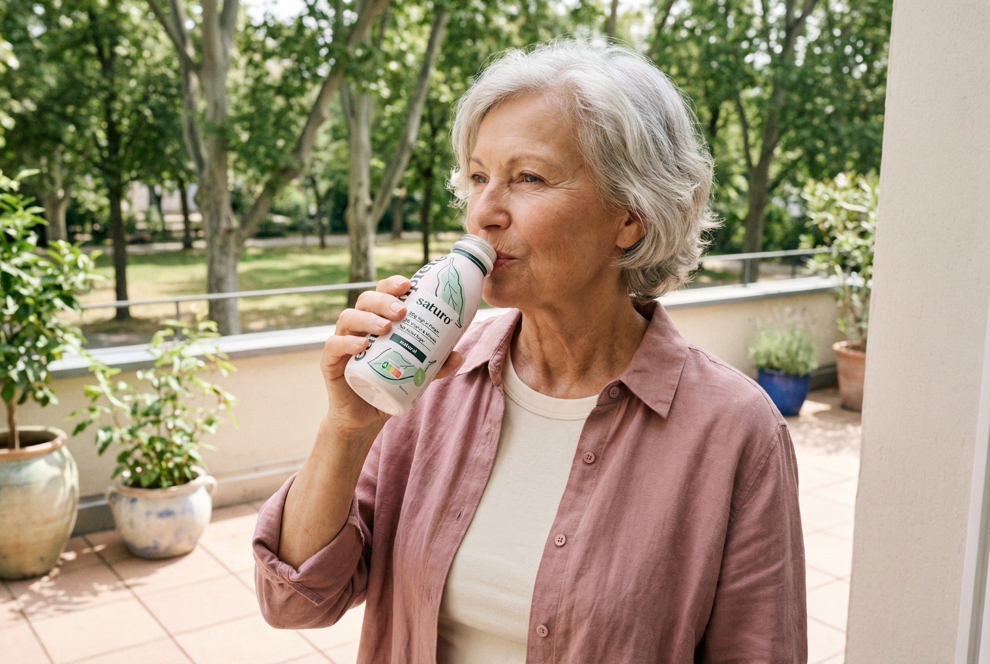 Seniorin trinkt hochkalorische Trinknahrung von Saturo