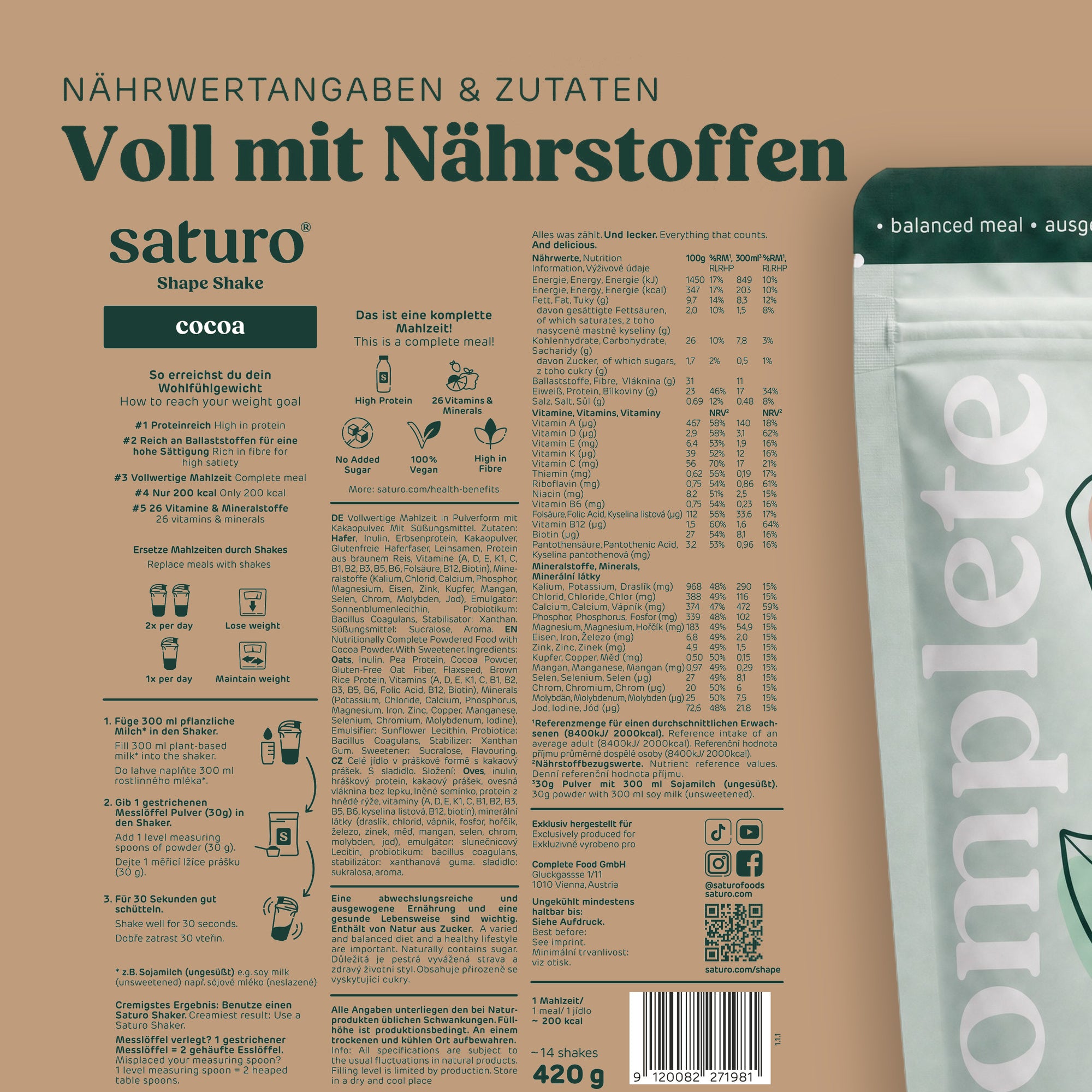 Saturo Shape Shake Cocoa: Nährwertangaben und Zutaten
