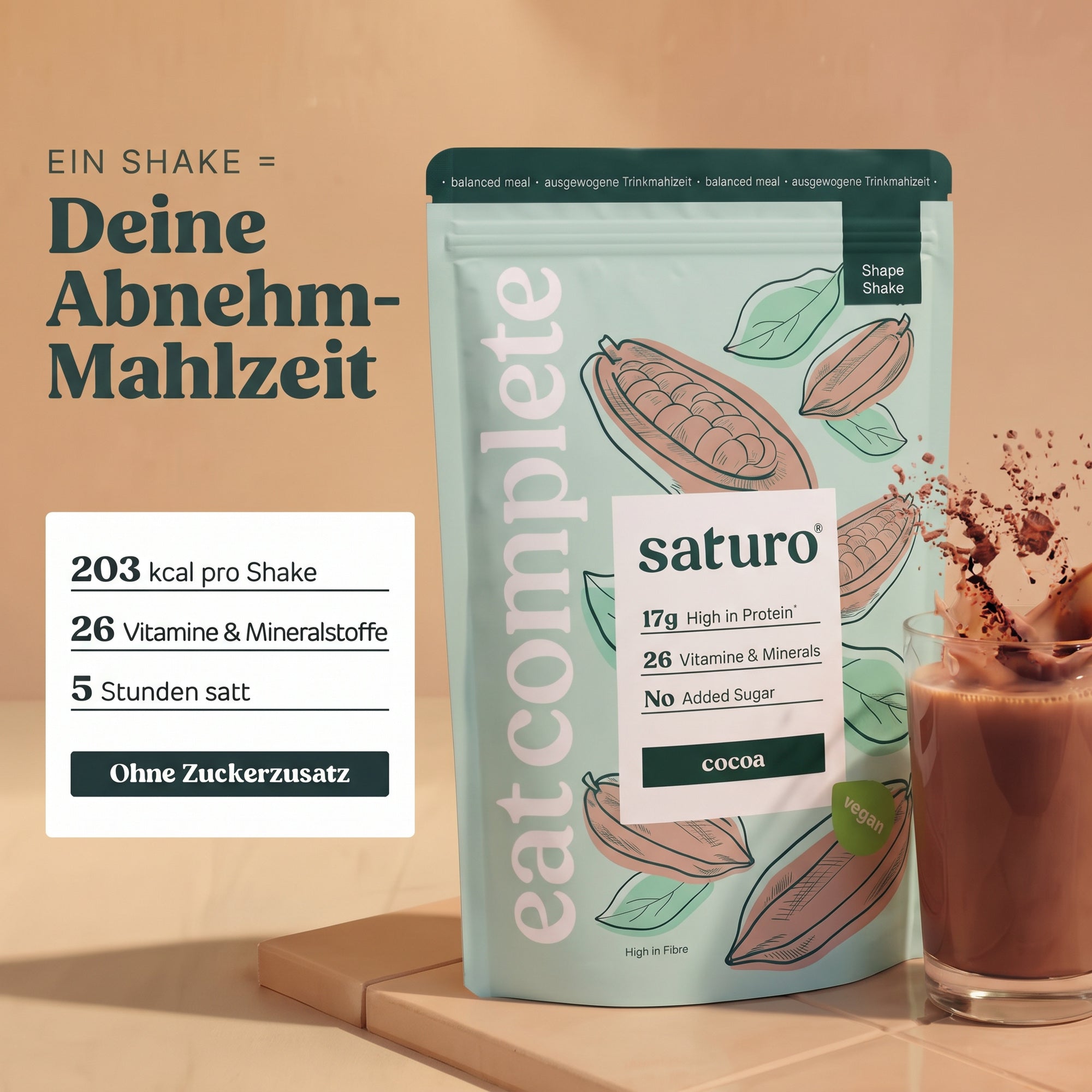 Saturo Shape Shake Cocoa: Ein Shake = Deine Abnehm-Mahlzeit, 203 kcal, 26 Vitamine & Mineralstoffe, 5 Stunden satt, ohne Zuckerzusatz