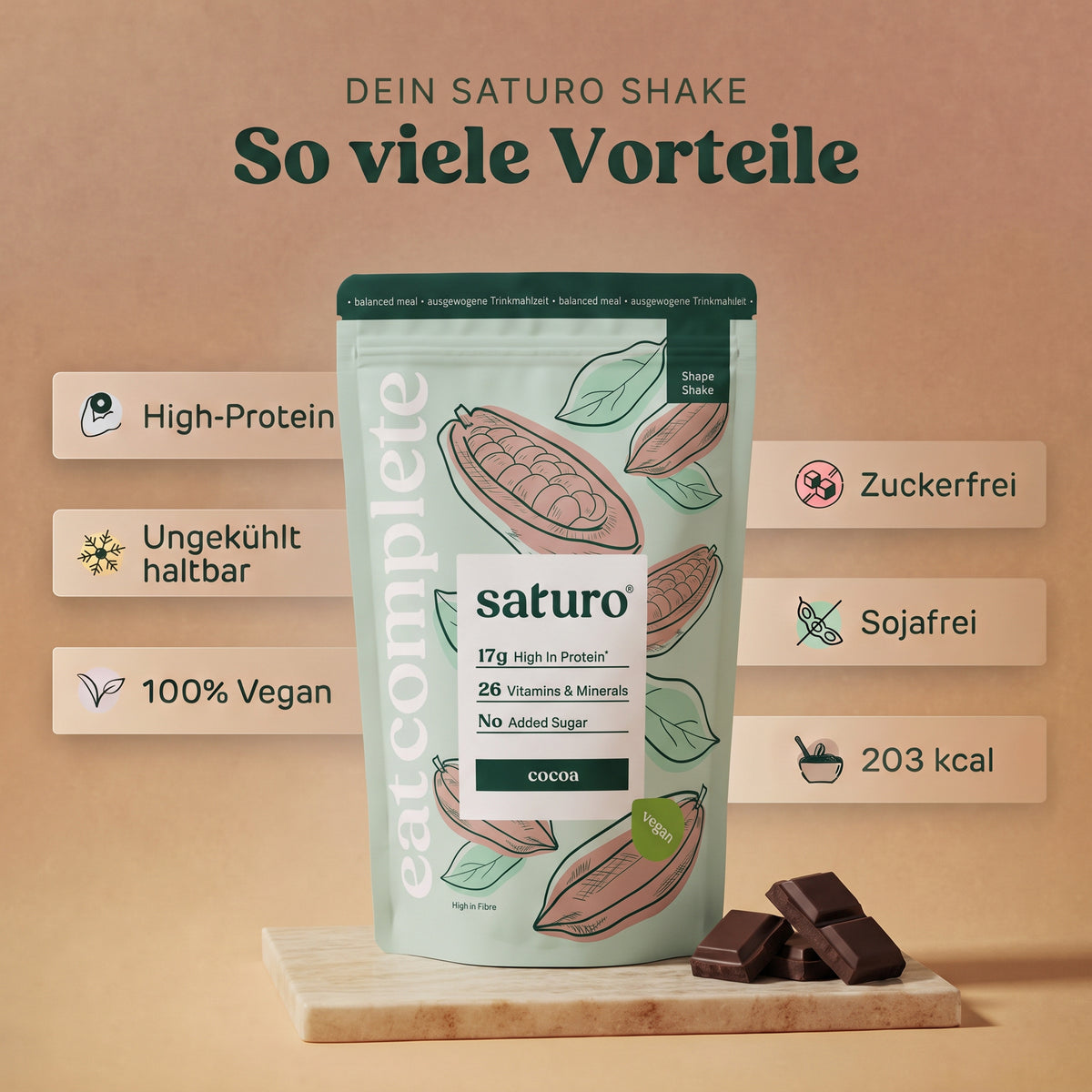 Saturo Shape Shake Cocoa: So viele Vorteile - High-Protein, ungekühlt haltbar, 100% vegan, zuckerfrei, sojafrei, 203 kcal