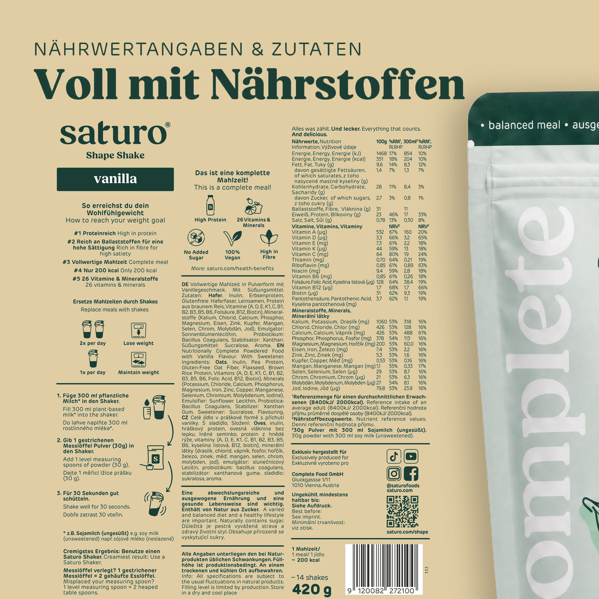 Saturo Shape Shake Vanilla: Nährwertangaben und Zutaten