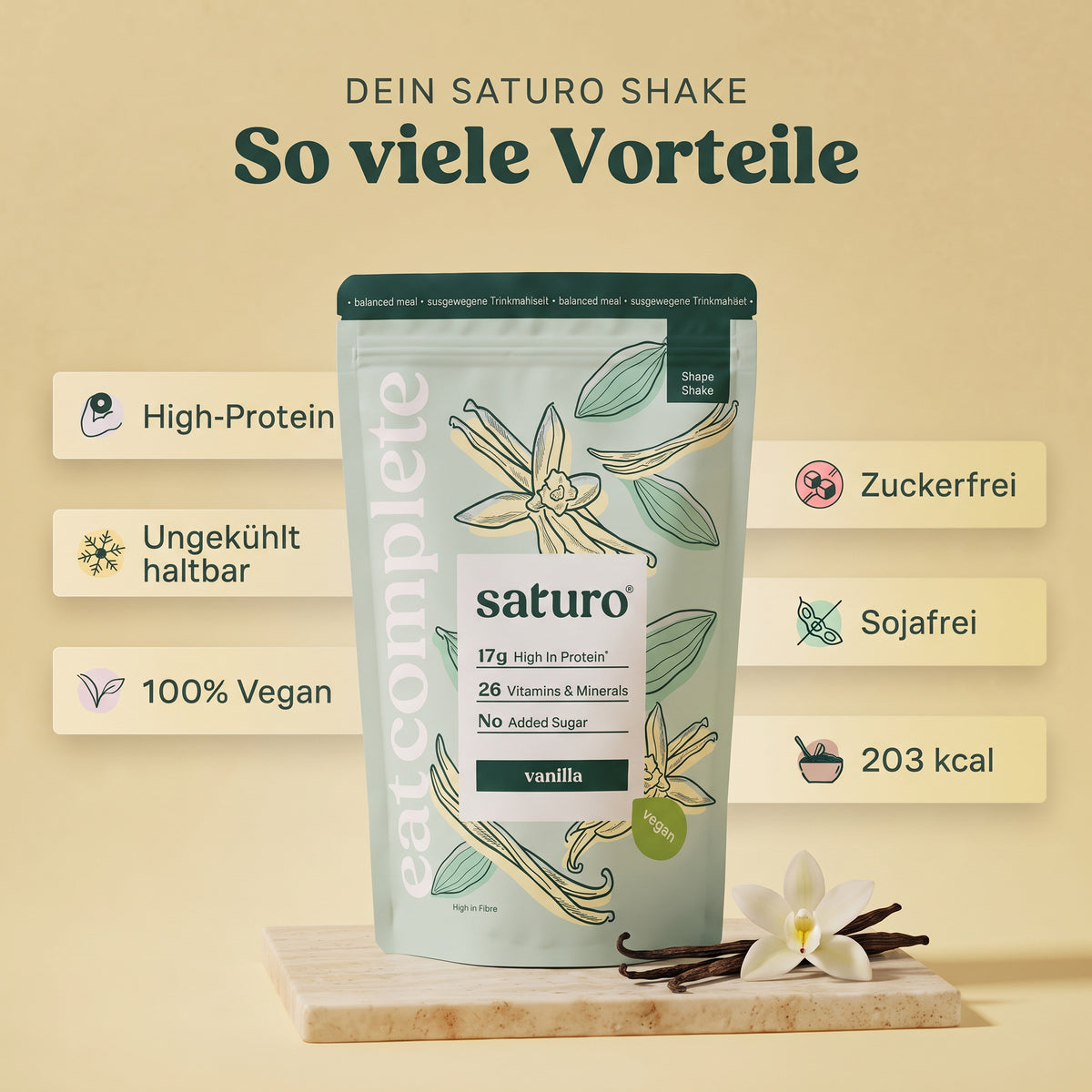 Saturo Shape Shake Vanilla: So viele Vorteile - High-Protein, ungekühlt haltbar, 100% vegan, zuckerfrei, sojafrei, 203 kcal