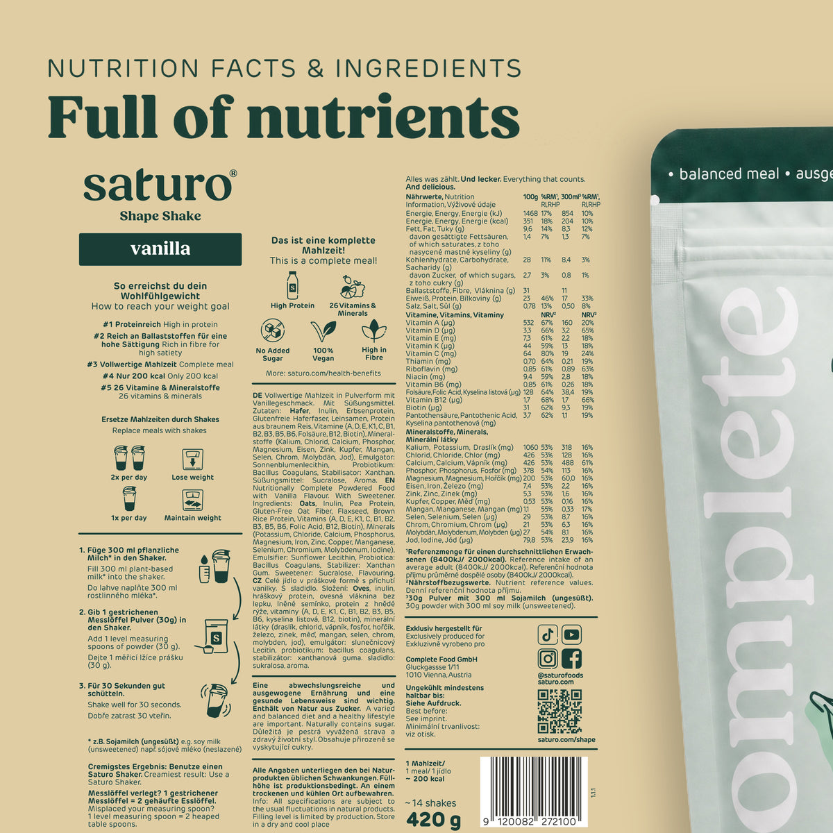 Saturo Shape Shake Vanilla: nutrition facts and ingredients
