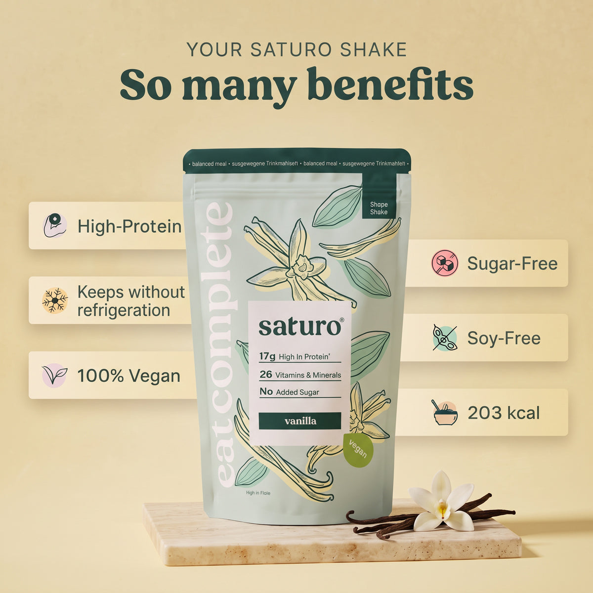 Saturo Shape Shake Vanilla: So many benefits - high-protein, keeps without refrigeration, 100% vegan, sugar-free, soy-free, 203 kcal