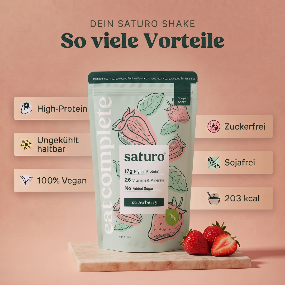 Saturo Shape Shake Strawberry: So viele Vorteile - High-Protein, ungekühlt haltbar, 100% vegan, zuckerfrei, sojafrei, 203 kcal