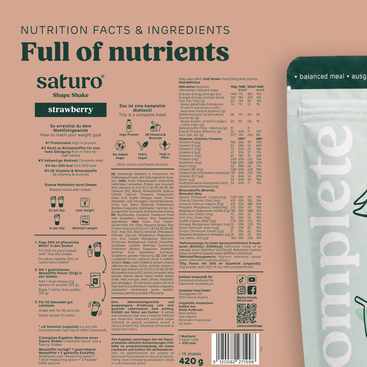 Saturo Shape Shake Strawberry: nutrition facts and ingredients