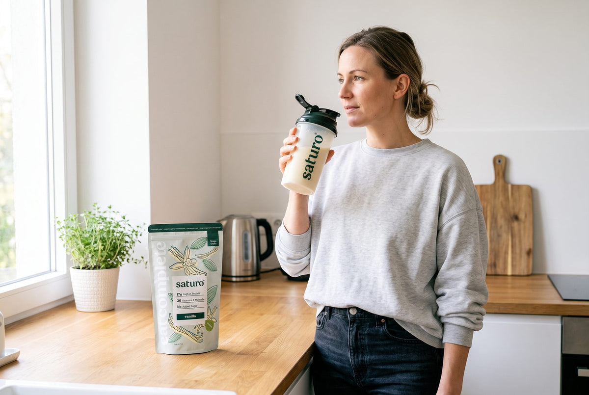 Frau in moderner Küche mit Saturo Shaker, daneben die Shape Shake Packung