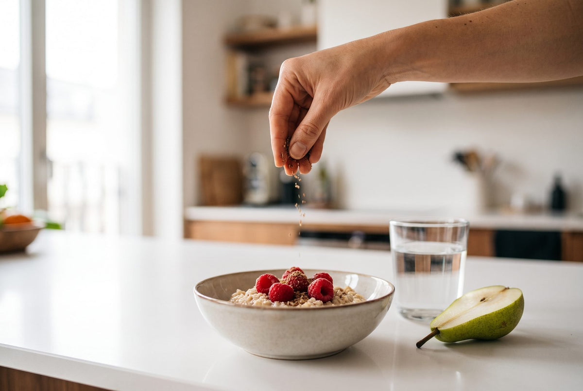 Porridge with raspberries and flaxseed: soluble fibre from oats, insoluble fibre from seeds and berry pips in one bowl