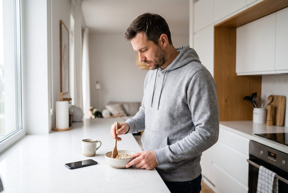 Man preparing porridge in a modern kitchen in the morning: a high-fibre breakfast provides up to half the daily target