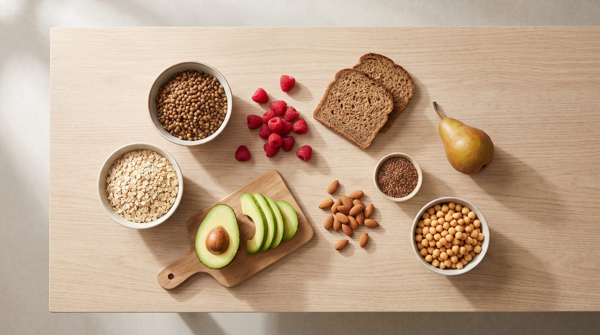 High-fibre foods on a table: lentils, oats, raspberries, avocado, wholemeal bread, almonds, flaxseed, pear and chickpeas