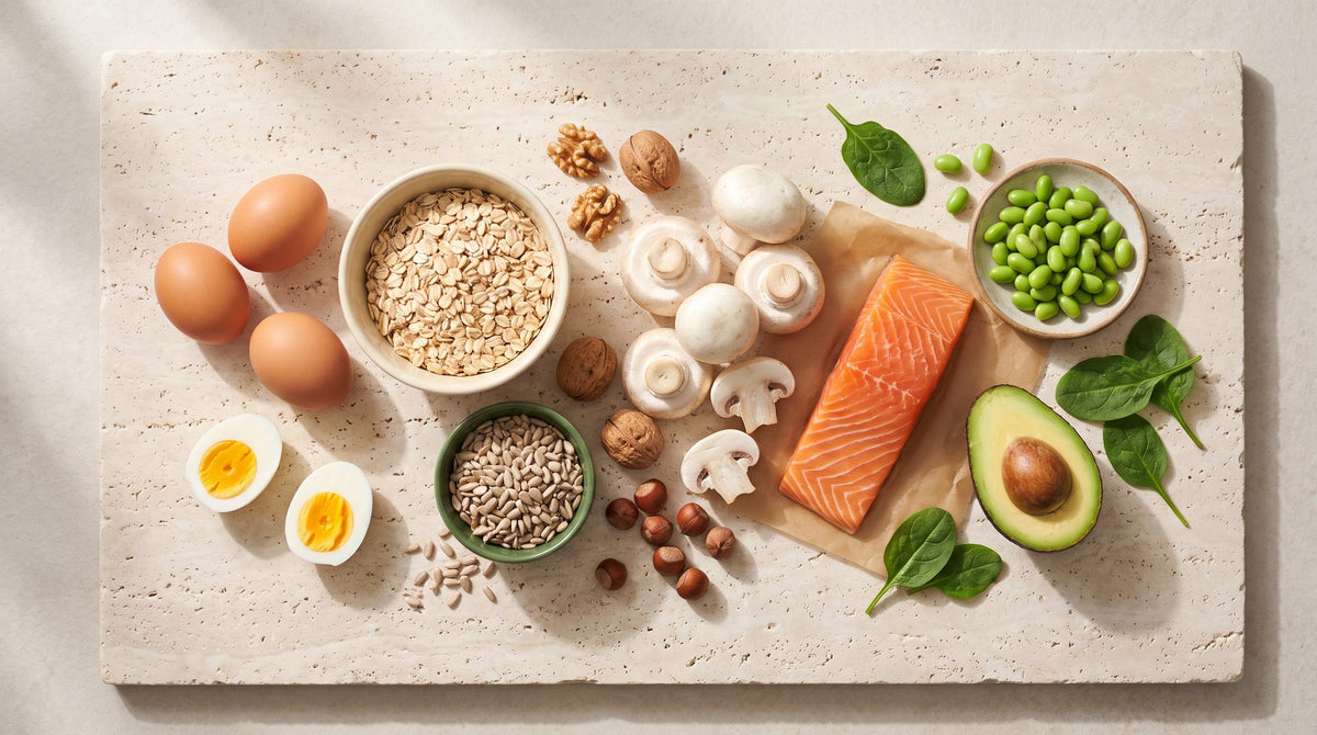 Biotinquellen im Überblick: Eier, Haferflocken, Nüsse, Sonnenblumenkerne, Champignons, Edamame, Avocado, Spinat und Lachs auf hellem Stein