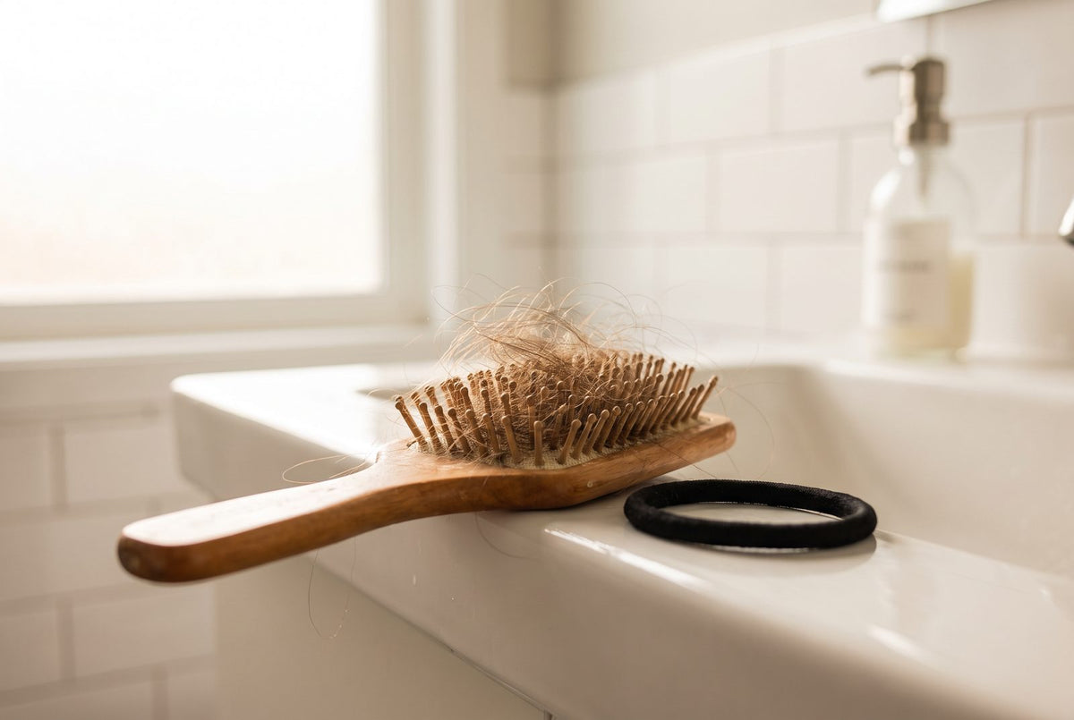 Hairbrush with shed hair on a bathroom sink: hair loss is the best-known but least specific sign of a biotin deficiency