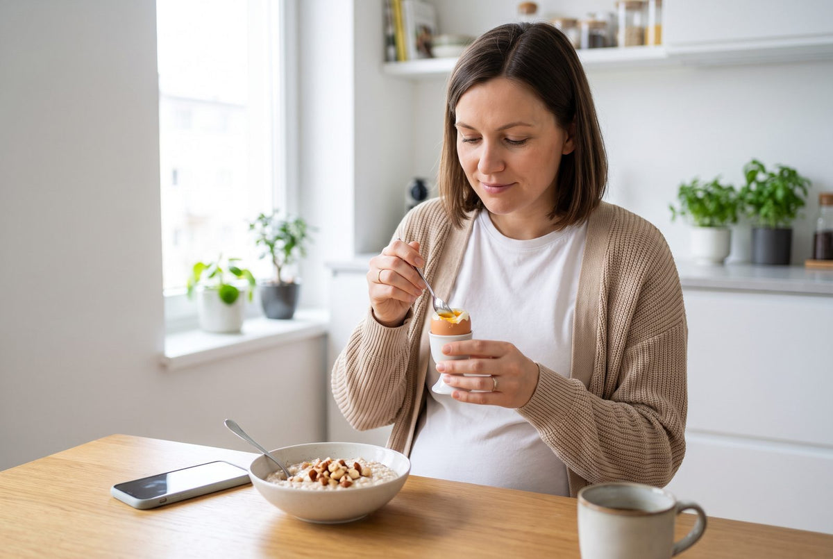 Pregnant woman having breakfast with a boiled egg and porridge: during pregnancy the body breaks down biotin faster, thoroughly cooked eggs and oats are safe sources