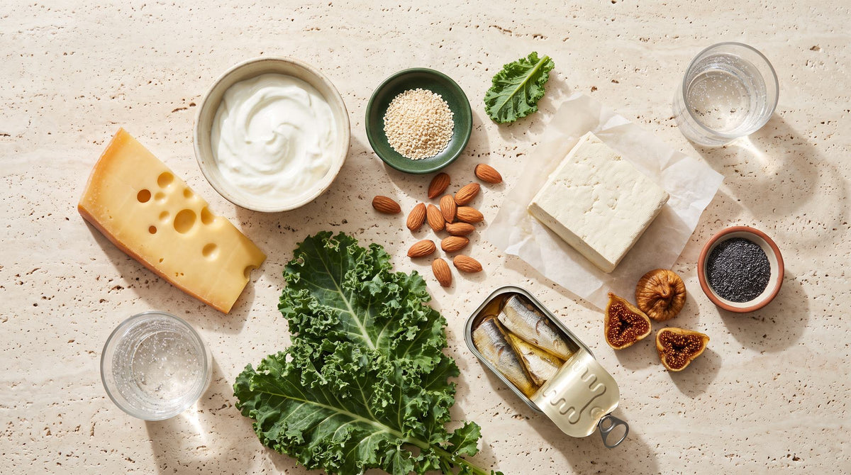Calciumquellen im Überblick: Hartkäse, Joghurt, Sardinen, Tofu, Grünkohl, Mandeln, Sesam und getrocknete Feigen auf hellem Stein