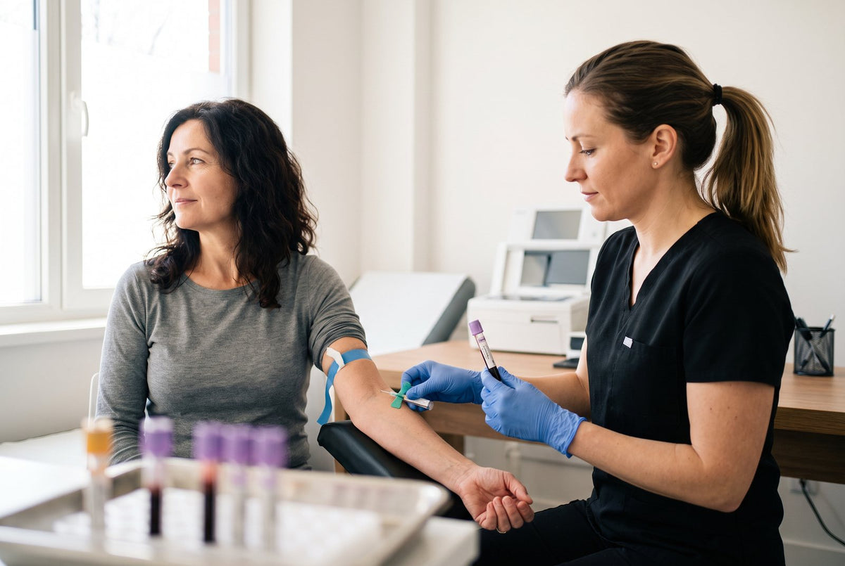 Hausärztin nimmt einer Patientin Blut ab: Calcium, Albumin, Vitamin D, Parathormon und Magnesium klären, ob ein Calciummangel vorliegt und woher er kommt