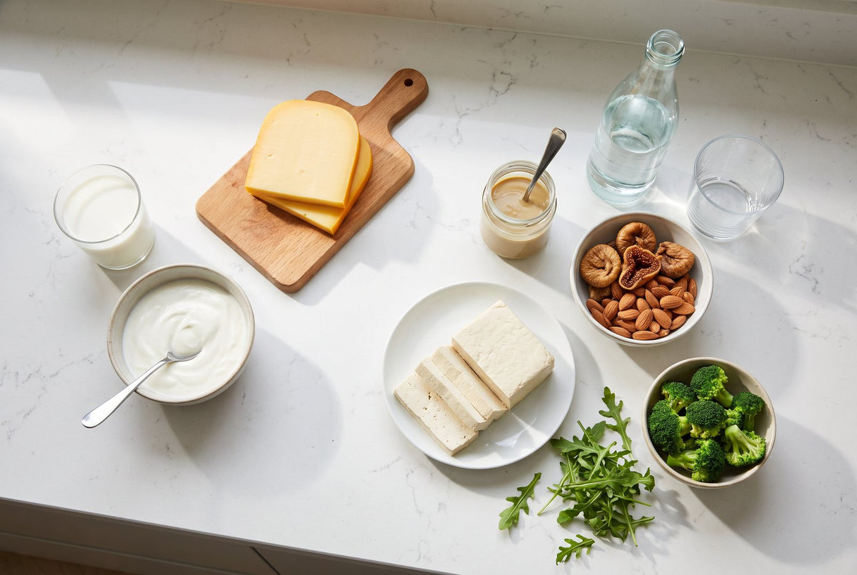 Calciumreiche Lebensmittel auf hellem Stein: Emmentaler, Joghurt, Grünkohl, Tofu, Sardinen, Mandeln, Sesam, getrocknete Feigen und ein Glas Mineralwasser