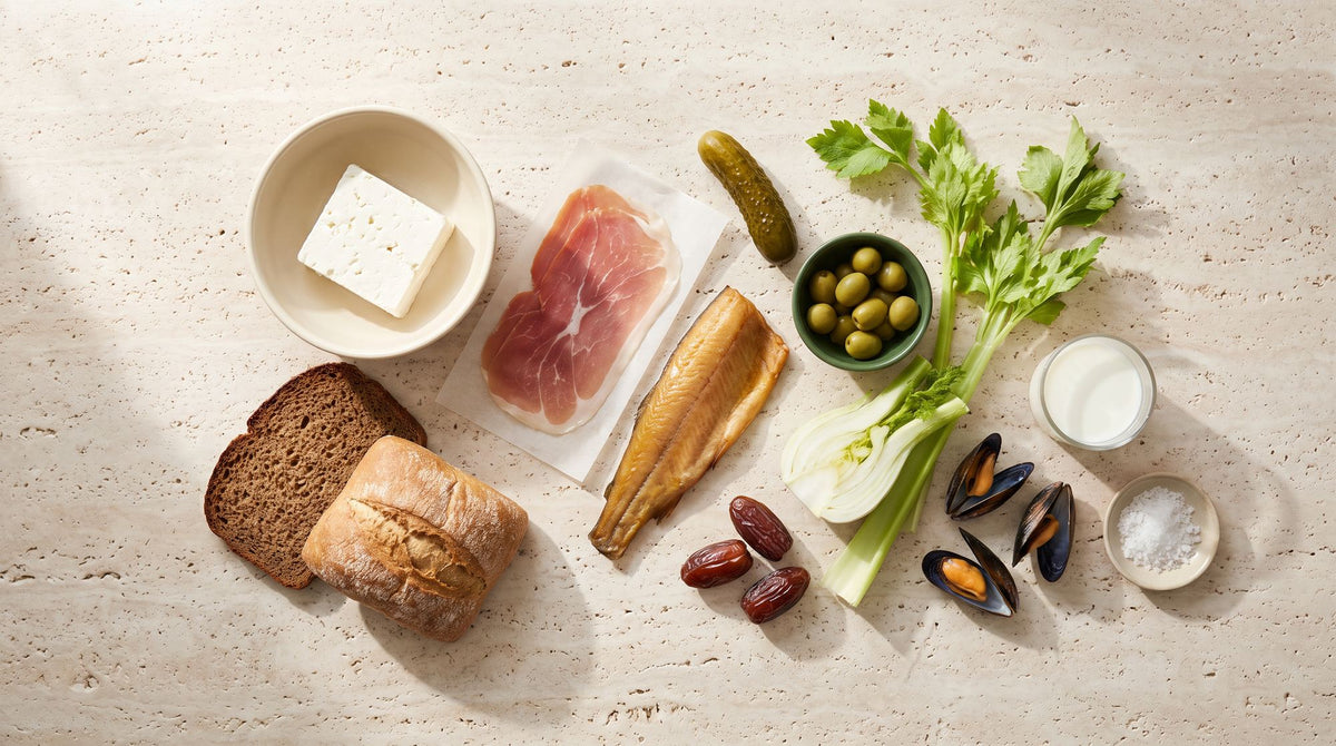 Chloridquellen auf Travertin: Roggenbrot, Weizenbrötchen, Feta, Parmaschinken, Räucherforelle, Salzgurke, Oliven, Sellerie, Fenchel, Datteln, Miesmuscheln, Milch und Salz