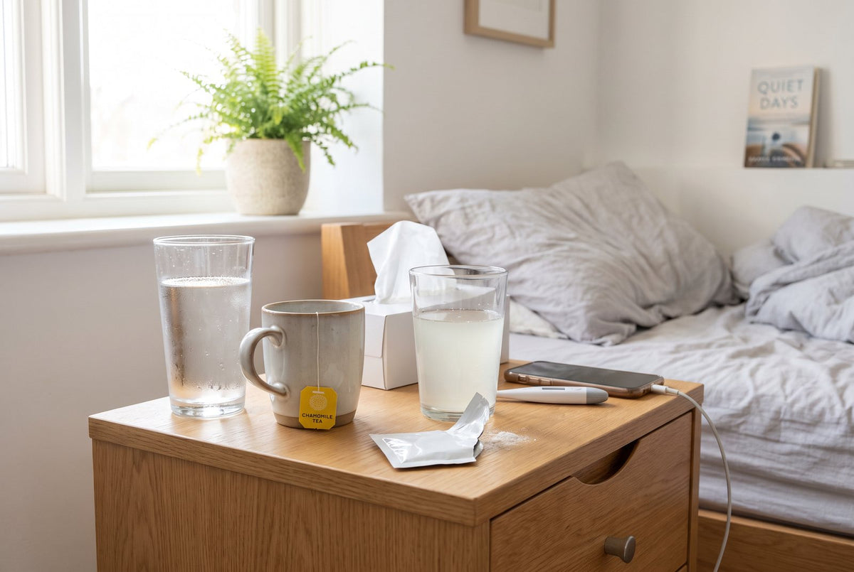 Glass of water, tea and electrolyte solution on the bedside table: after days of vomiting, it's not just fluid that's missing, but chloride too