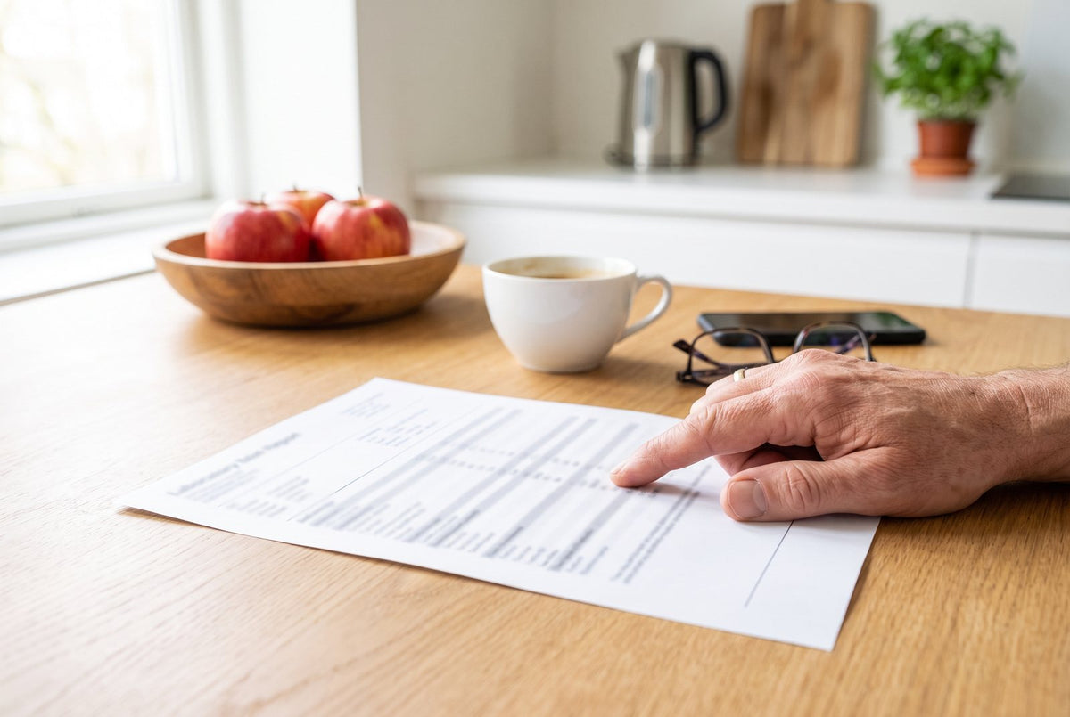 Hand pointing to a line on a lab report on the kitchen table: chloride is always read together with sodium, potassium and bicarbonate