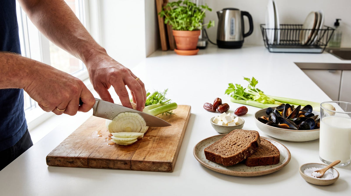 Fennel, celery, dates, mussels, milk, bread, feta and a small bowl of salt on a kitchen worktop: the natural chloride sources alongside the real source, salt