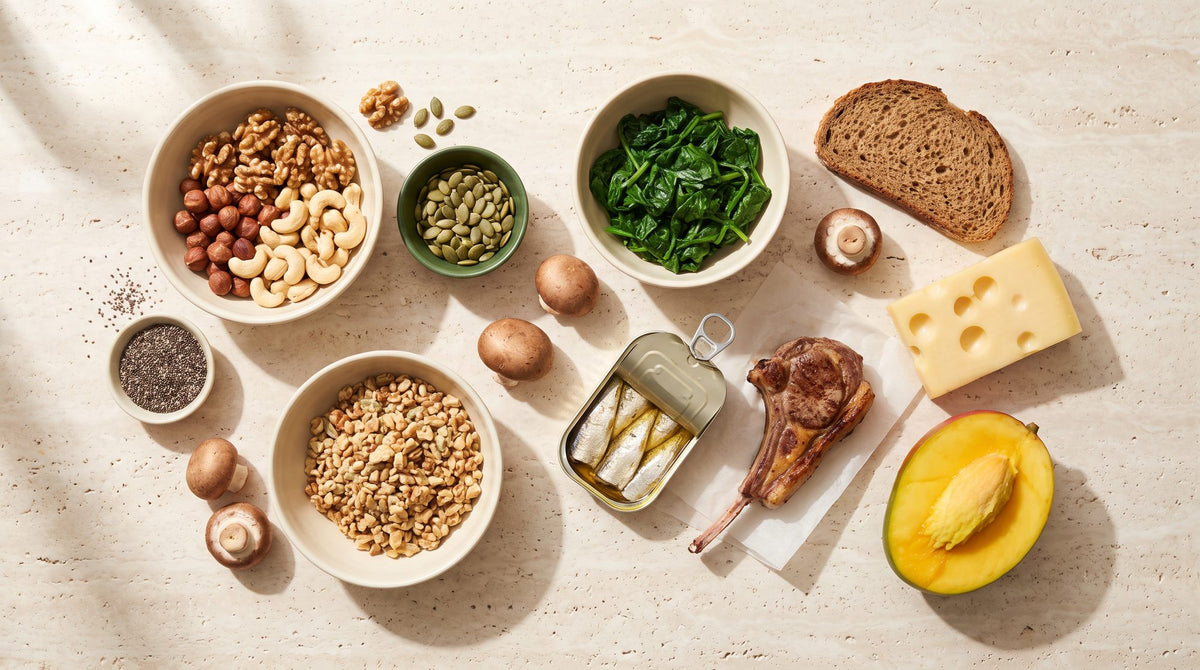Chromreiche Lebensmittel auf Travertin: Walnüsse, Haselnüsse, Cashews, Kürbiskerne, Chiasamen, Spinat, Champignons, Vollkornbrot, Sardinen, Lamm, Emmentaler und Mango