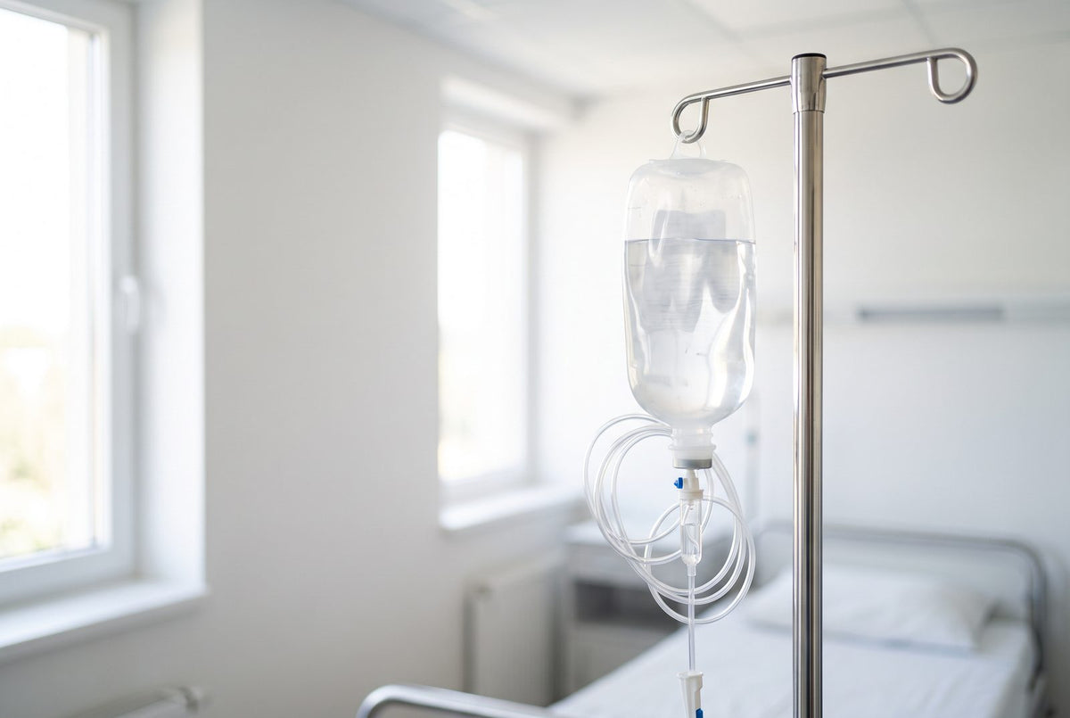 Infusionsbeutel am Ständer: Ernährung über die Vene ohne Chromzusatz ist die einzige Situation, in der ein Chrommangel beschrieben wurde