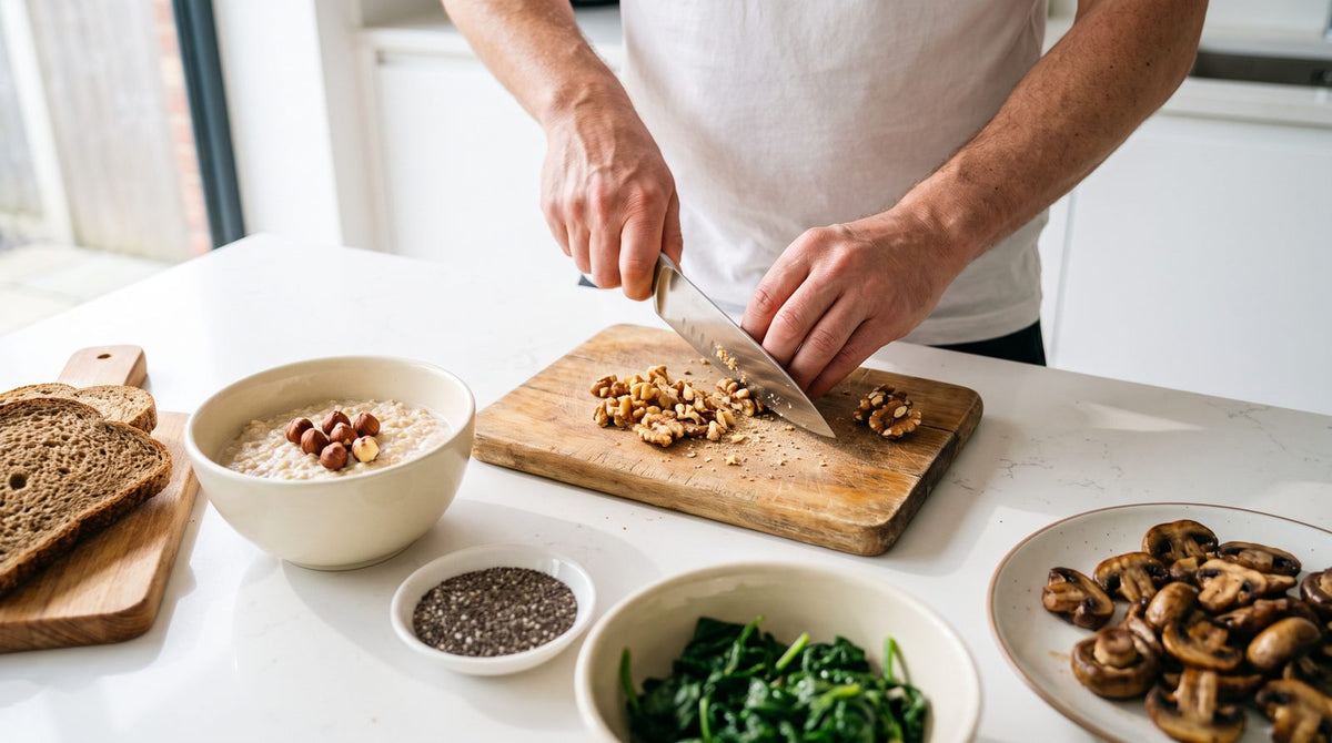 Walnüsse, Haferflocken mit Haselnüssen, Chiasamen, Spinat, Vollkornbrot und Champignons auf einer Küchenarbeitsplatte: die wichtigsten Chromquellen im Alltag