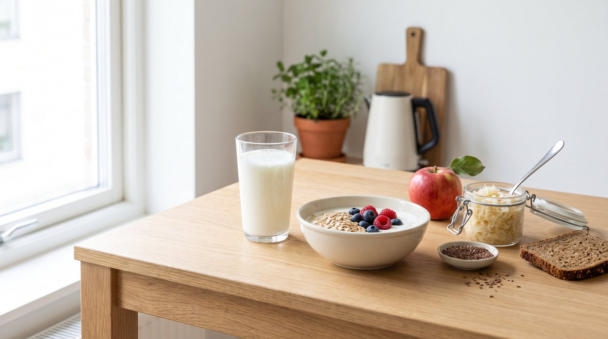 Kefir, Joghurt mit Haferflocken und Beeren, rohes Sauerkraut und Apfel auf einem Frühstückstisch