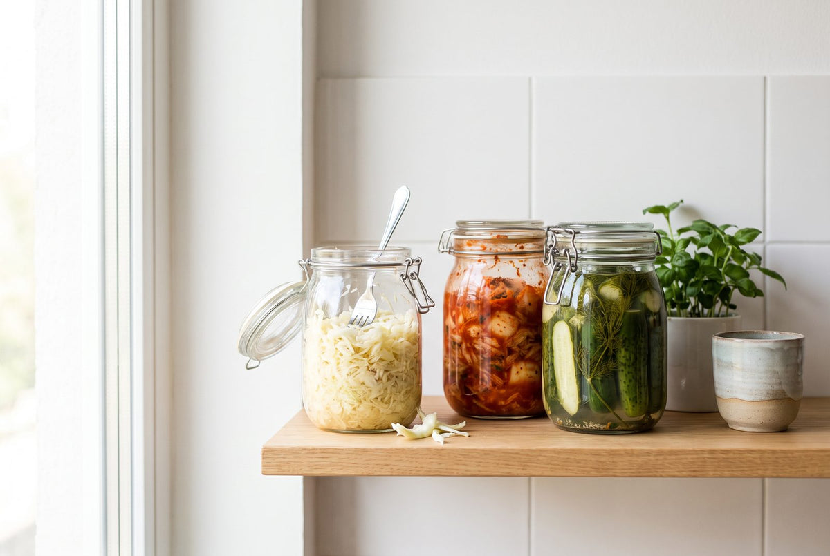 Gläser mit rohem Sauerkraut und Kimchi in einer hellen Küche