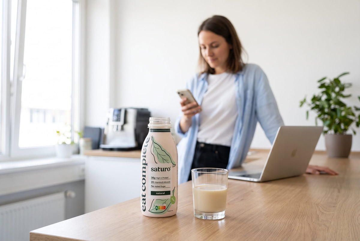 Saturo Trinkmahlzeit Natural steht offen neben einem Glas auf dem Küchentresen, im Hintergrund eine Frau mit Smartphone
