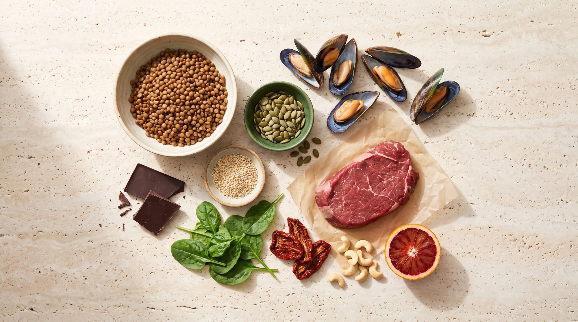 Eisenreiche Lebensmittel auf Travertin: Linsen, Kürbiskerne, Sesam, Rindfleisch, Muscheln, Spinat, Zartbitterschokolade und Blutorange