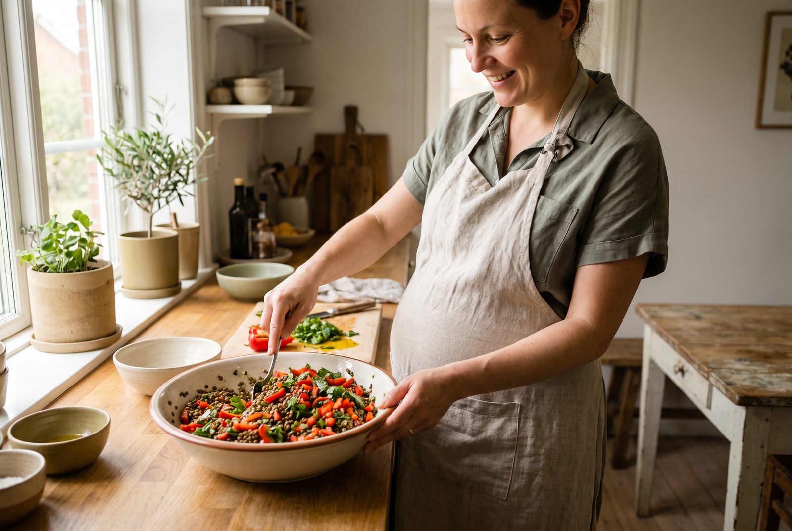 Schwangere Frau bereitet einen Linsensalat mit Paprika zu