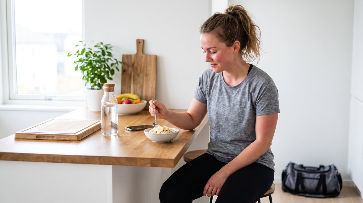 Frau isst nach dem Training eine Skyr-Bowl mit Banane in einer modernen Küche