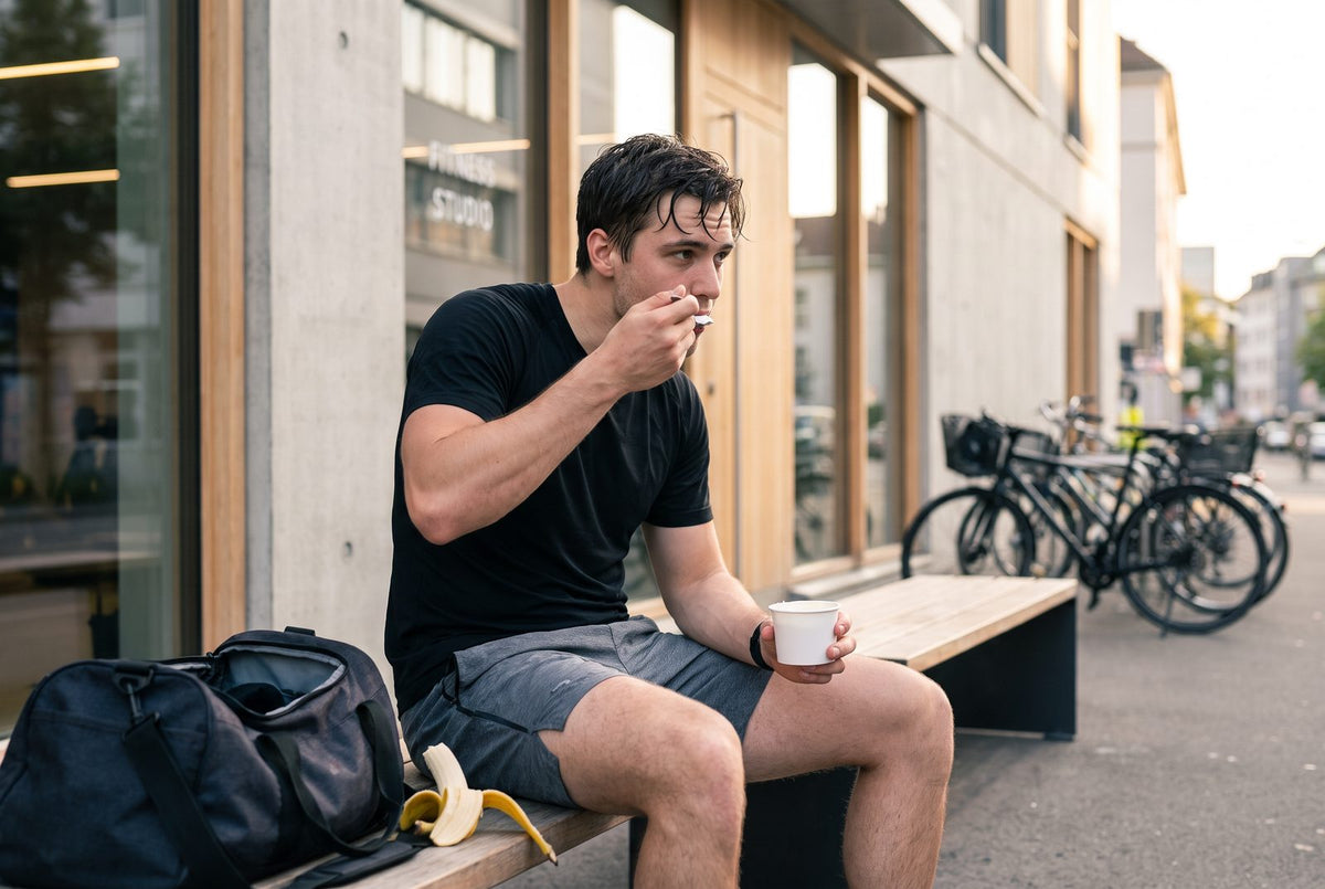 Man eating skyr from a tub on a bench after the gym, with a banana