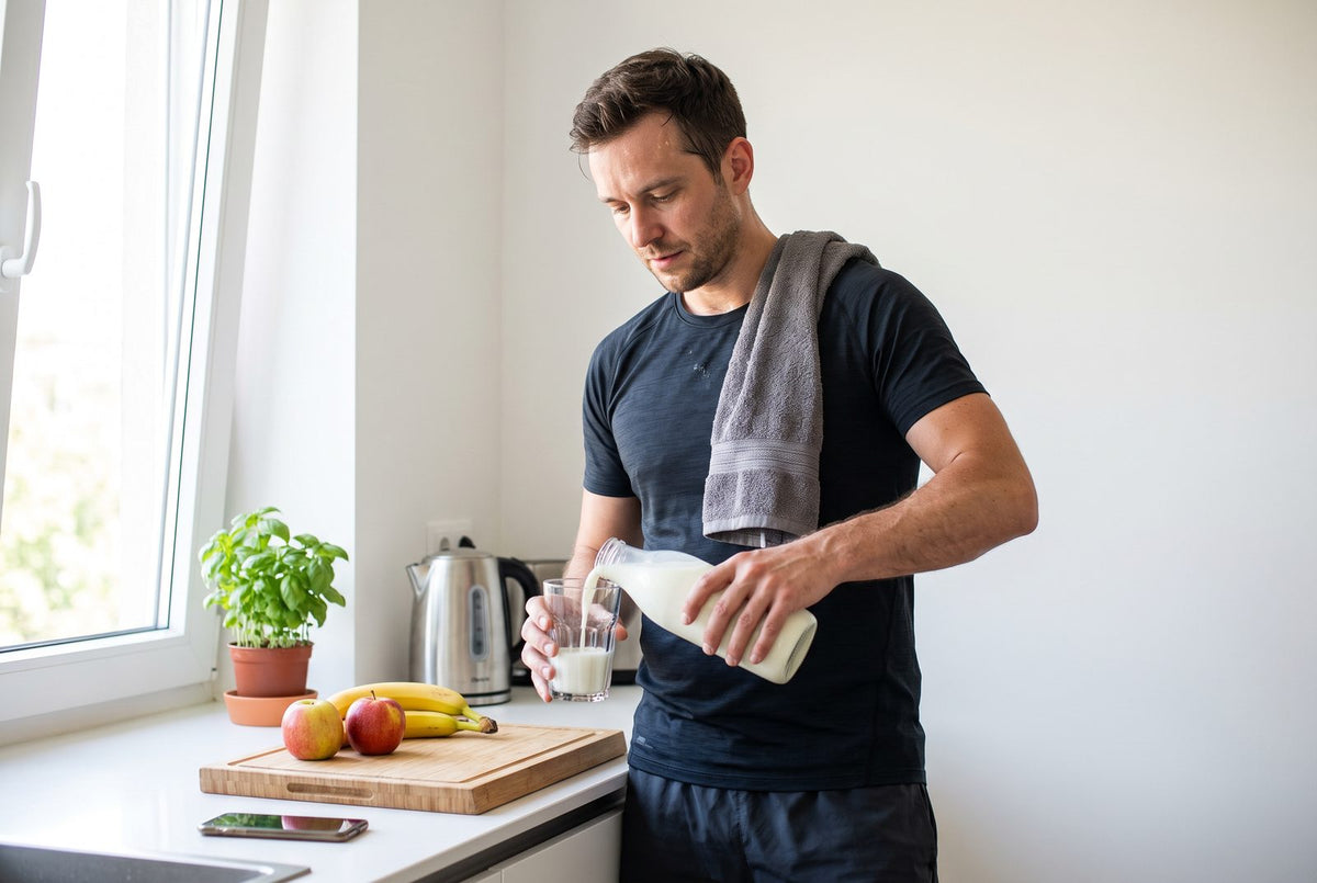 Man pouring himself a glass of milk after training