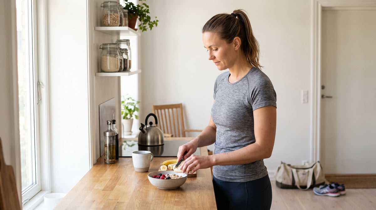 Frau in Sportkleidung schneidet in der Küche eine Banane über Porridge, Laufschuhe im Hintergrund