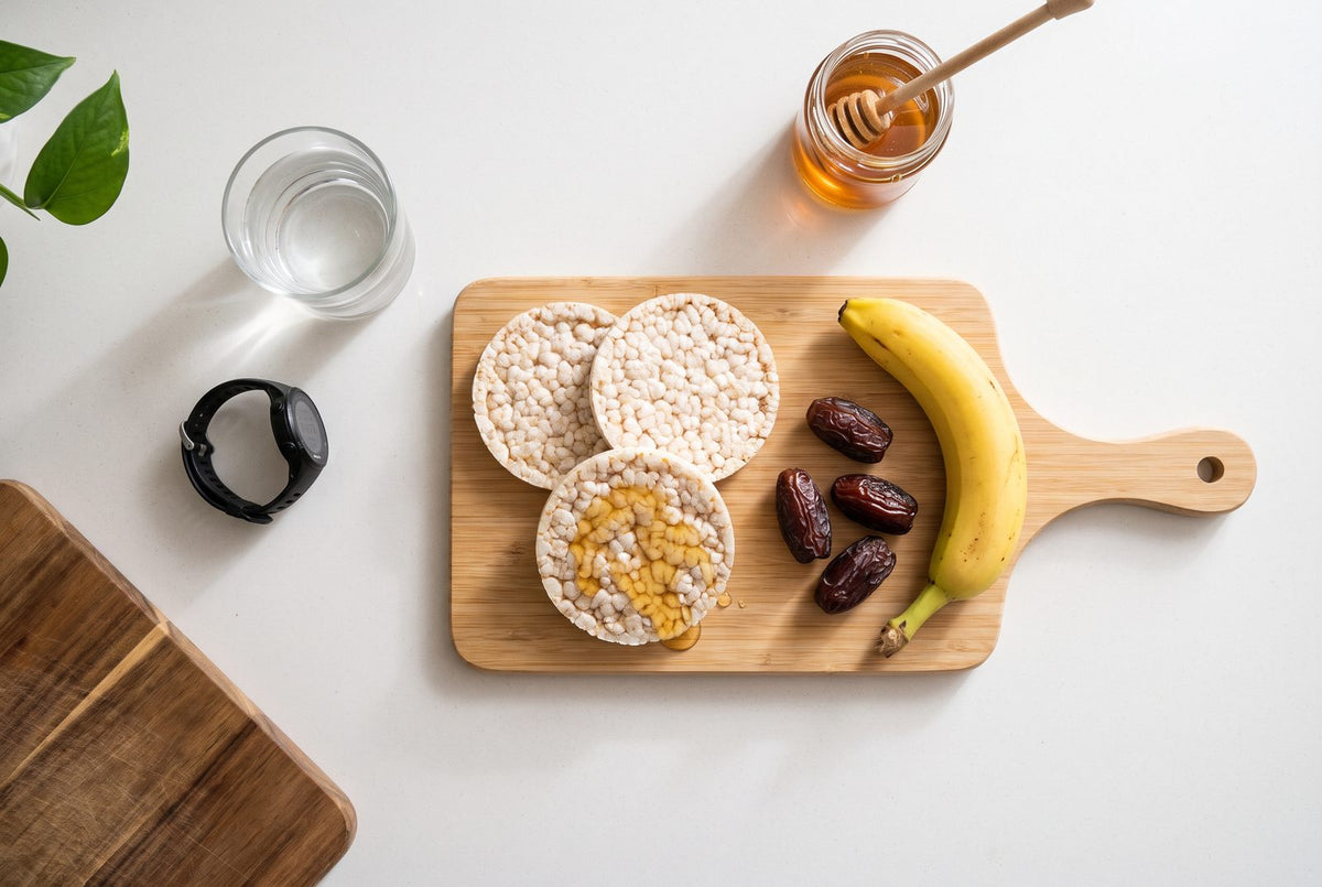 Rice cakes with honey, banana and dates: fast carbohydrates for the last hour before training