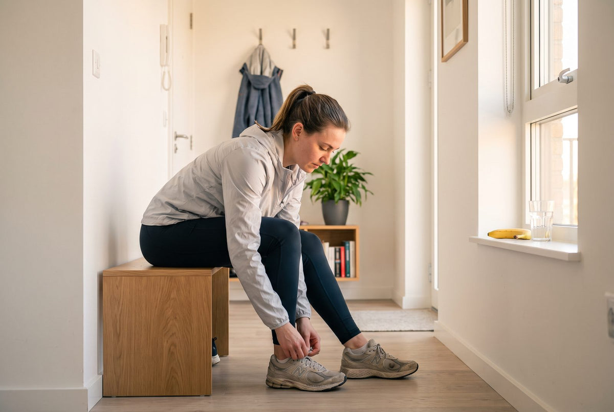 Runner tying her shoes in the morning, with a banana and water beside her: fasted or with a small breakfast