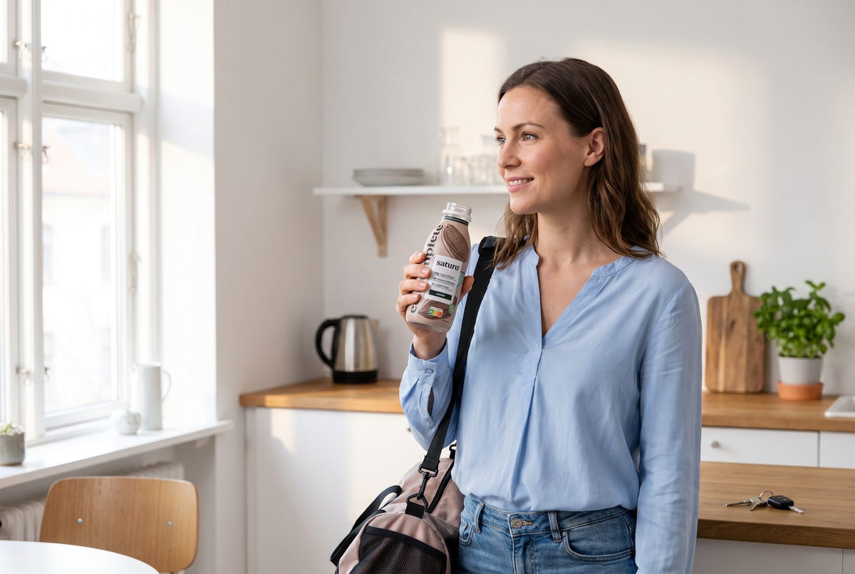 Woman with a gym bag in the kitchen holding a drinkable meal, three hours before her evening workout