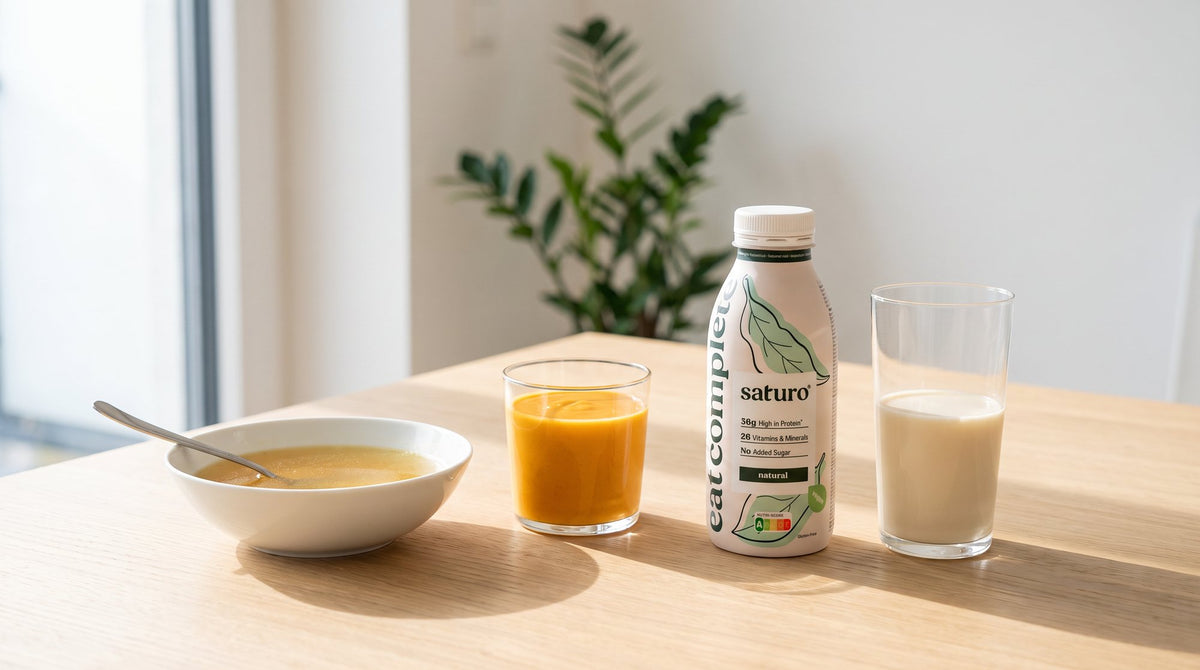 Flüssignahrung in drei Formen: Schüssel klare Brühe, Glas Cremesuppe und eine Flasche Saturo Trinkmahlzeit Natural mit Glas auf einem Holztisch
