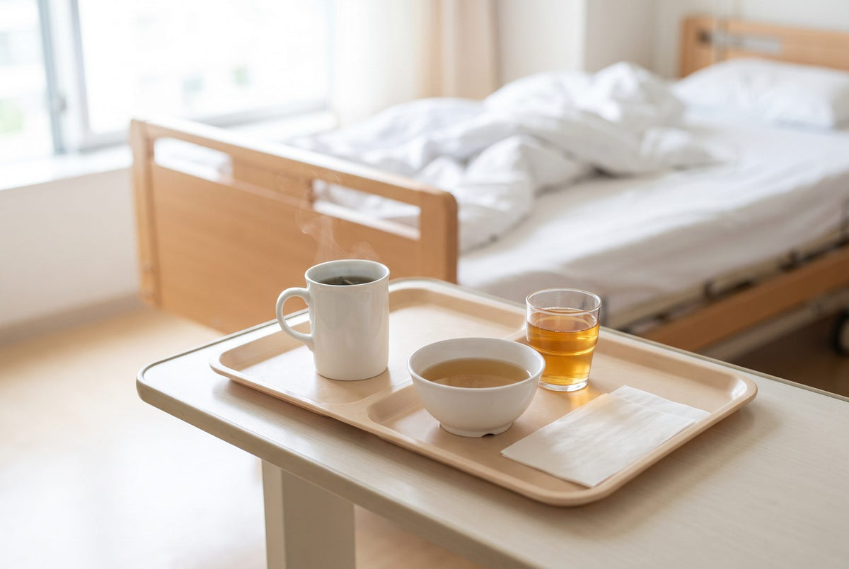 Klare Flüssigkost im Krankenhaus: Tee, Brühe und Saft auf einem Tablett am Krankenbett