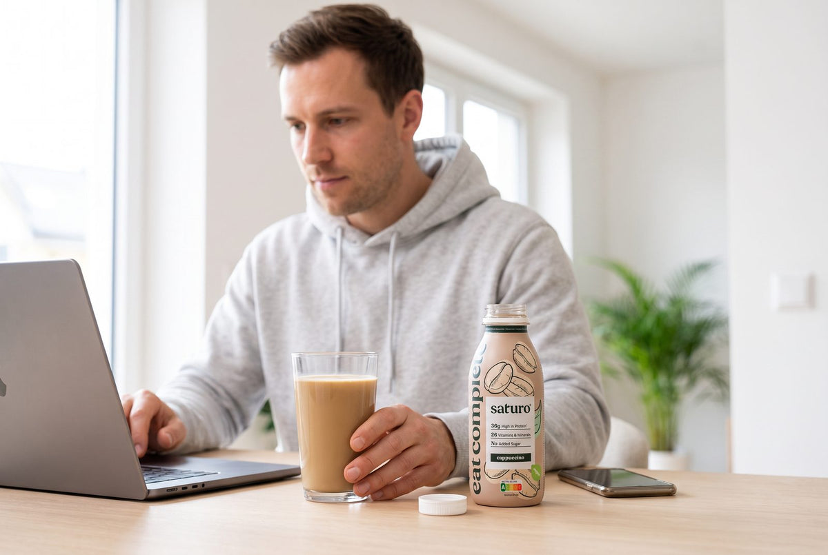 Mann am Laptop trinkt ein Glas Saturo Trinkmahlzeit Cappuccino als Mittagessen, die Flasche steht daneben