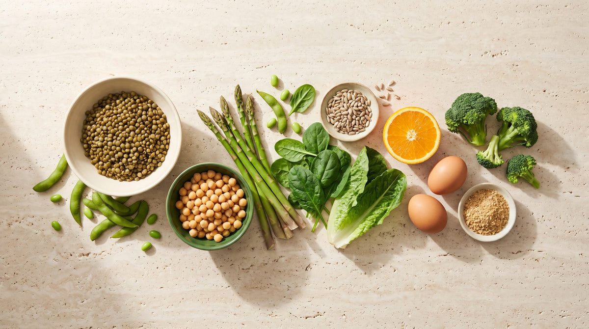 Folatquellen im Überblick: Spinat, Brokkoli, Spargel, Edamame, Linsen, Kichererbsen, Sonnenblumenkerne, Orange und Eier.