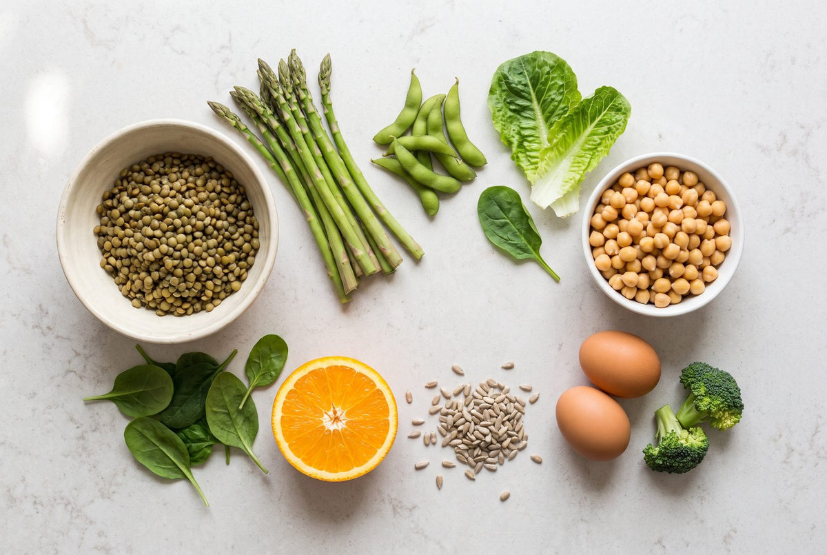 Folatreiche Lebensmittel auf hellem Untergrund: Linsen, grüner Spargel, Edamame, Spinat, Romanasalat, Kichererbsen, Orange, Sonnenblumenkerne, Eier und Brokkoli