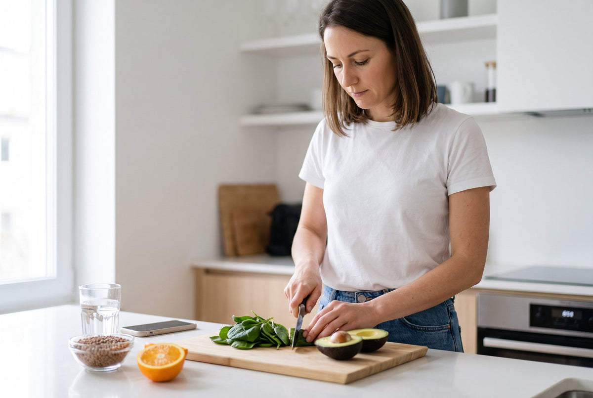 Frau bereitet in einer modernen Küche einen Salat aus Spinat und Avocado zu, daneben eine Schale Linsen, eine Orange und ein Glas Wasser: Bei Kinderwunsch gehören folatreiche Ernährung und 400 µg Folsäure zusammen