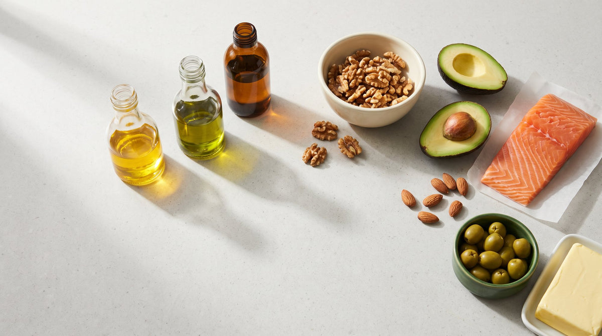 Rapsöl, Olivenöl, Leinöl, Walnüsse, Avocado, Lachs und Butter auf einer hellen Steinplatte: gesättigte und ungesättigte Fettsäuren im Vergleich