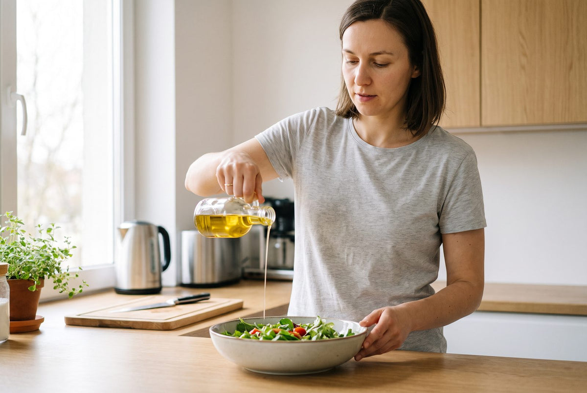 Woman pouring rapeseed oil over a salad: fat helps get the fat-soluble vitamins from the vegetables into your body