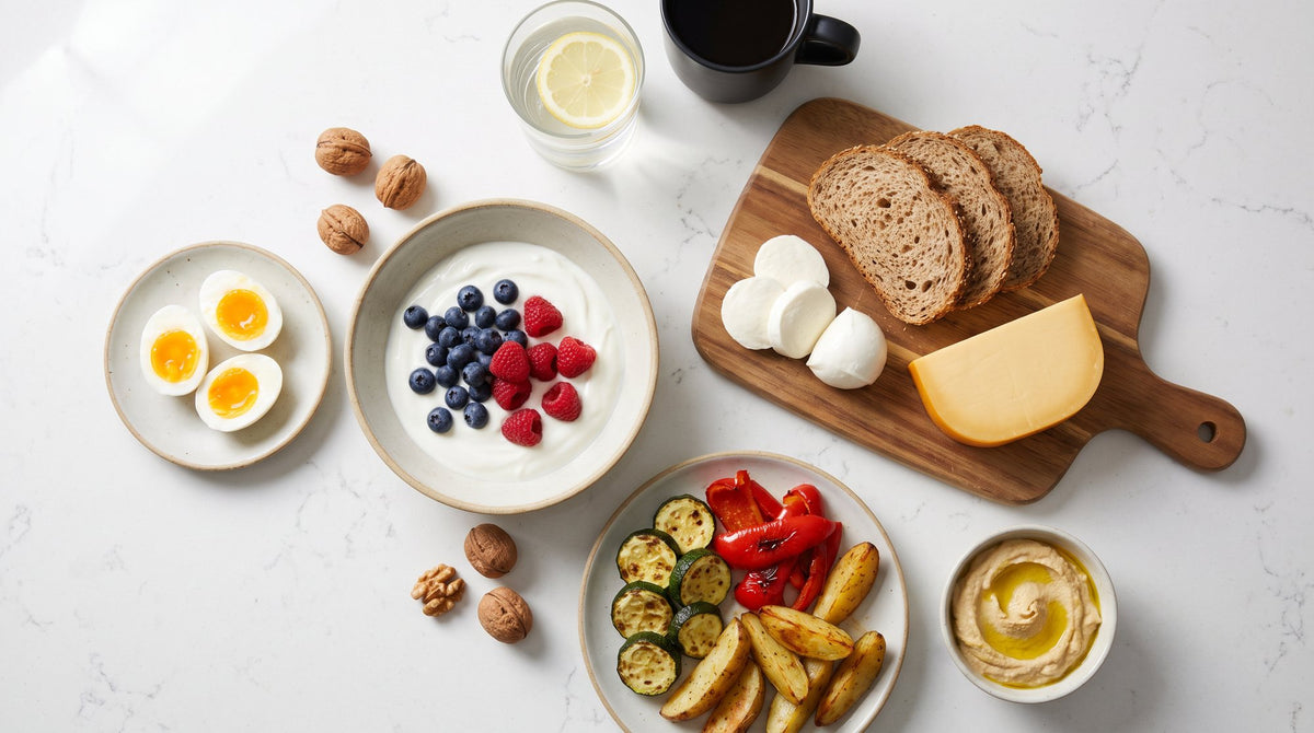 Purinarme Lebensmittel bei Gicht auf einem hellen Küchentisch: Joghurt mit Beeren, Eier, Käse, Vollkornbrot, Ofengemüse, Wasser mit Zitrone und Kaffee