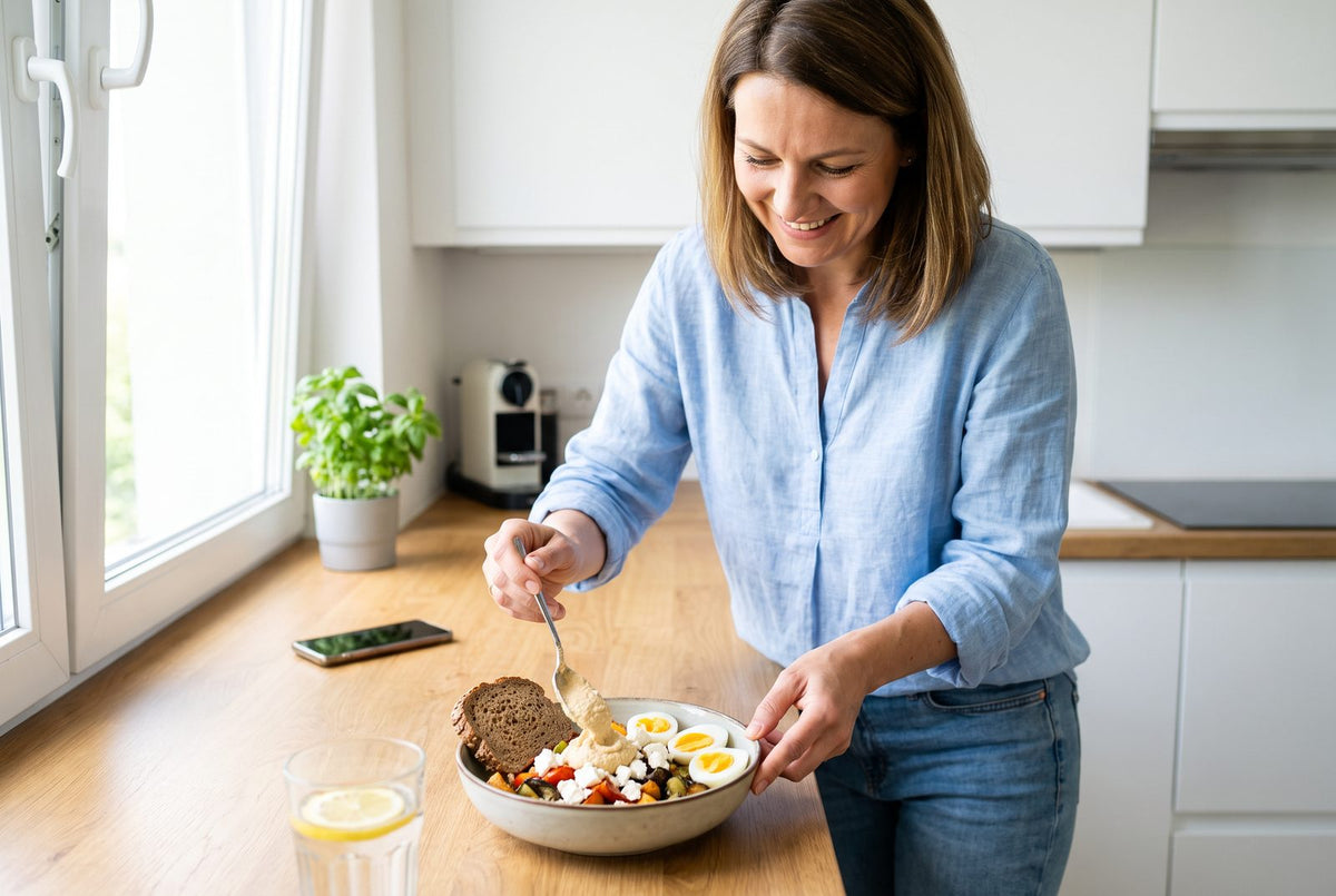 Frau richtet in einer hellen Küche eine Bowl mit Gemüse, Hummus, Feta und Eiern an