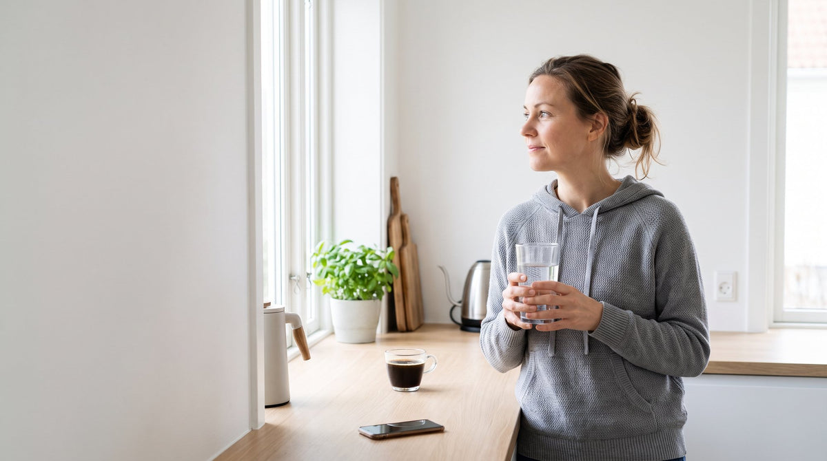 Frau am Morgen in heller Küche mit Glas Wasser und schwarzem Kaffee während der Fastenphase
